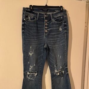 Judy Blue Dark Blue Distressed Trouser Flare Jeans